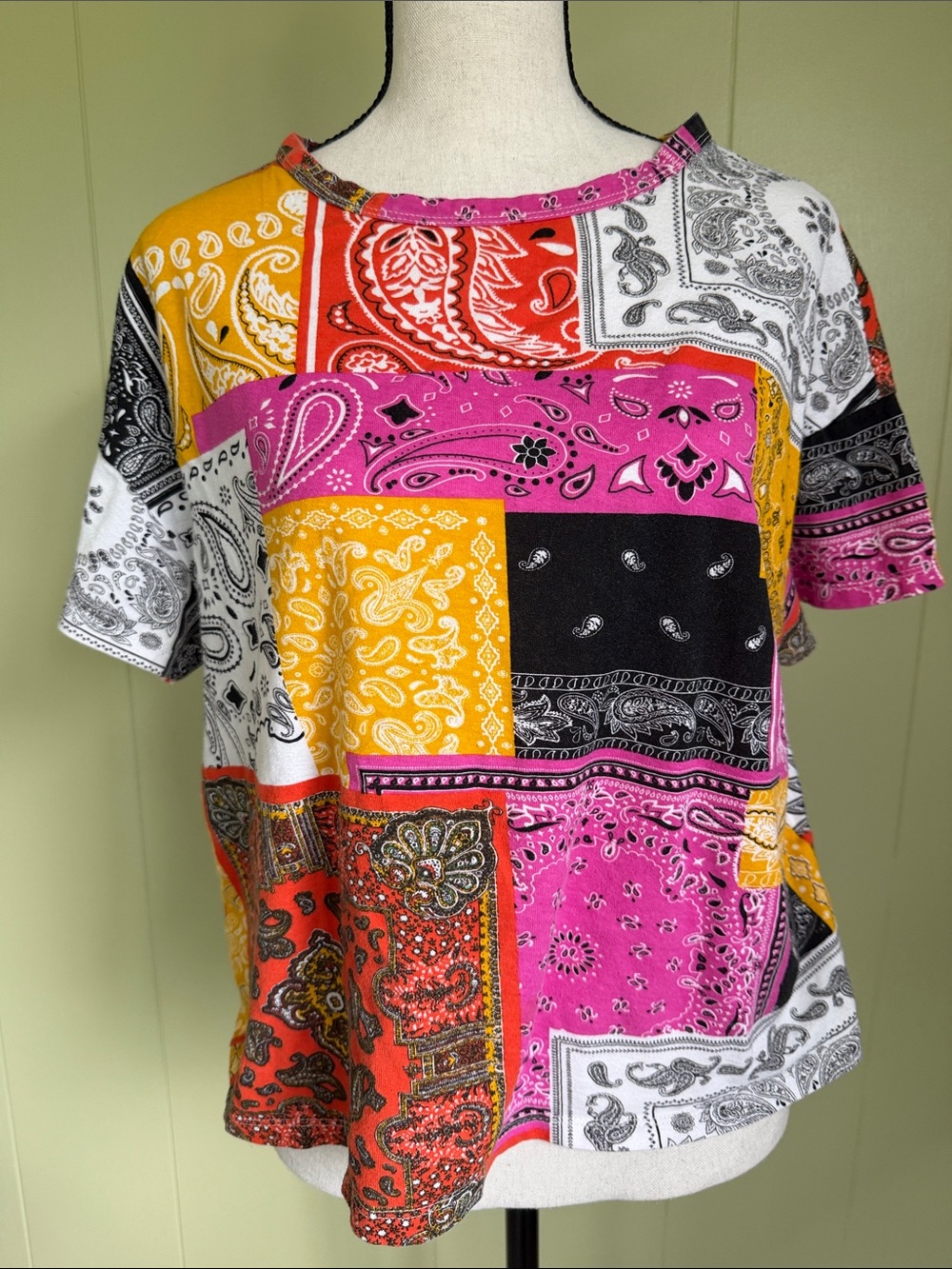 Zara Patchwork Bandana Short Sleeve Top - Pink, Yellow, Black, White